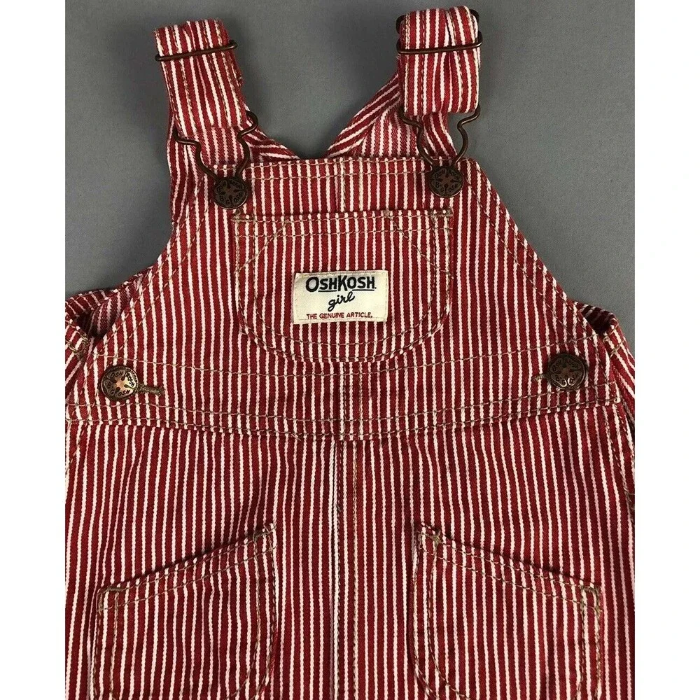 OshKosh Vestbak Dress BiBs Girl 6 Month Overall Red Pinstripe Railroad Conductor